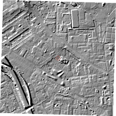 Shaded relief map of the ground around SE85SW, computed from Environment Agency LiDAR. The ground here sits at about 4 m above sea level and falls 9 m across the surrounding 800 m. Surface water reaching this point runs off ground lying to the east-south-east, 4.8 m higher.
