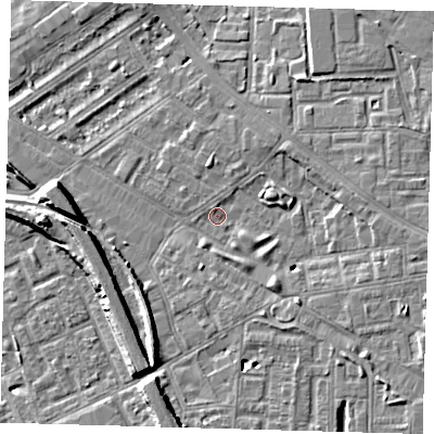 Shaded relief map of the ground around SE85SX, computed from Environment Agency LiDAR. The ground here sits at about 4 m above sea level and falls 9 m across the surrounding 800 m. Surface water reaching this point runs off ground lying to the south-east, 4.1 m higher.