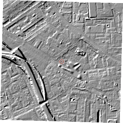 Shaded relief map of the ground around SE85SZ, computed from Environment Agency LiDAR. The ground here sits at about 4 m above sea level and falls 9 m across the surrounding 800 m. Surface water reaching this point runs off ground lying to the south-east, 4.1 m higher.