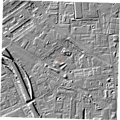 Shaded relief map of the ground around SE85TE, computed from Environment Agency LiDAR. The ground here sits at about 4 m above sea level and falls 8 m across the surrounding 800 m. Surface water reaching this point runs off ground lying to the east-south-east, 4.8 m higher.