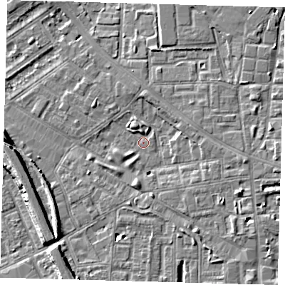 Shaded relief map of the ground around SE85TG, computed from Environment Agency LiDAR. The ground here sits at about 4 m above sea level and falls 8 m across the surrounding 800 m. Surface water reaching this point runs off ground lying to the east-south-east, 4.8 m higher.