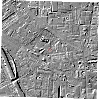 Shaded relief map of the ground around SE85TW, computed from Environment Agency LiDAR. The ground here sits at about 4 m above sea level and falls 8 m across the surrounding 800 m. Surface water reaching this point runs off ground lying to the east, 3.9 m higher.