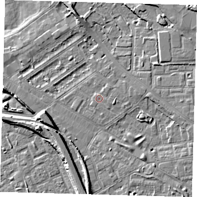 Shaded relief map of the ground around SE85UG, computed from Environment Agency LiDAR. The ground here sits at about 4 m above sea level and falls 10 m across the surrounding 800 m. Surface water reaching this point runs off ground lying to the east-south-east, 1.1 m higher.