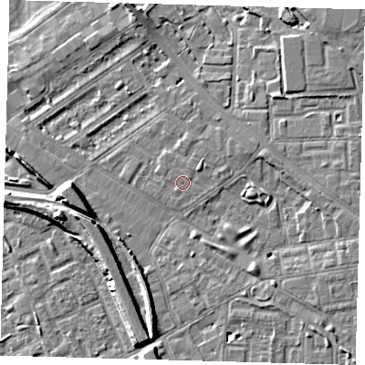 Shaded relief map of the ground around SE85UU, computed from Environment Agency LiDAR. The ground here sits at about 4 m above sea level and falls 10 m across the surrounding 800 m. Surface water reaching this point runs off ground lying to the north-east, 1.0 m higher.