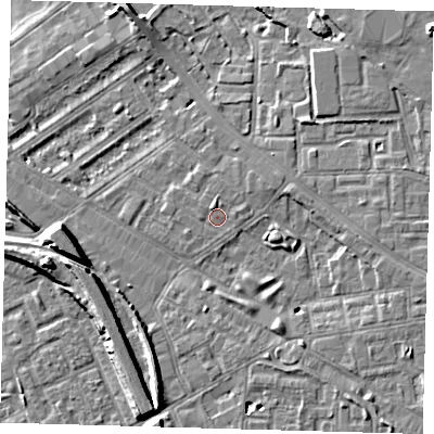 Shaded relief map of the ground around SE85UY, computed from Environment Agency LiDAR. The ground here sits at about 4 m above sea level and falls 10 m across the surrounding 800 m. Surface water reaching this point runs off ground lying to the north-north-west, 1.0 m higher.