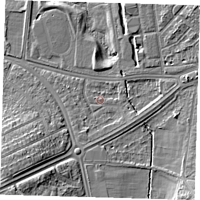 Shaded relief map of the ground around SE95LP, computed from Environment Agency LiDAR. The ground here sits at about 23 m above sea level and falls 16 m across the surrounding 800 m. Surface water reaching this point runs off ground lying to the east, 3.6 m higher.