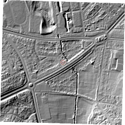 Shaded relief map of the ground around SE95LR, computed from Environment Agency LiDAR. The ground here sits at about 24 m above sea level and falls 15 m across the surrounding 800 m. Surface water reaching this point runs off ground lying to the east-south-east, 1.3 m higher.