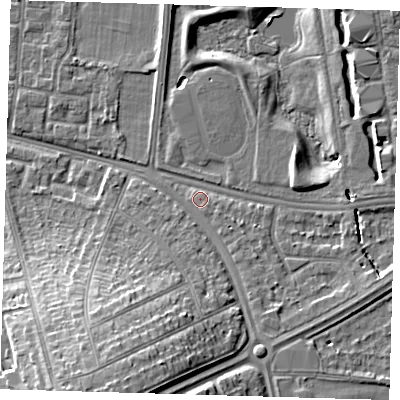 Shaded relief map of the ground around SE95LS, computed from Environment Agency LiDAR. The ground here sits at about 23 m above sea level and falls 15 m across the surrounding 800 m. Surface water reaching this point runs off ground lying to the east-south-east, 3.6 m higher.