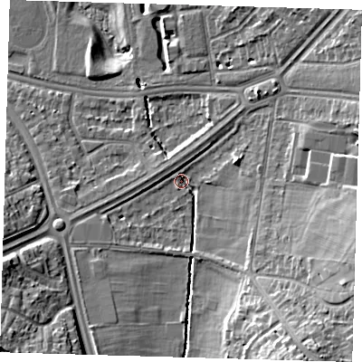 Shaded relief map of the ground around SE95LT, computed from Environment Agency LiDAR. The ground here sits at about 24 m above sea level and falls 16 m across the surrounding 800 m. Surface water reaching this point runs off ground lying to the south-east, 13.2 m higher.
