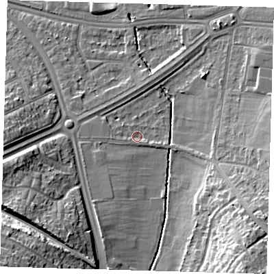 Shaded relief map of the ground around SE95LU, computed from Environment Agency LiDAR. The ground here sits at about 24 m above sea level and falls 22 m across the surrounding 800 m. Surface water reaching this point runs off ground lying to the south-east, 15.9 m higher.