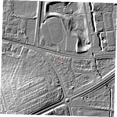 Shaded relief map of the ground around SE95LW, computed from Environment Agency LiDAR. The ground here sits at about 23 m above sea level and falls 15 m across the surrounding 800 m. Surface water reaching this point runs off ground lying to the east-south-east, 3.4 m higher.