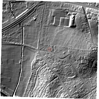 Shaded relief map of the ground around SE95LX, computed from Environment Agency LiDAR. The ground here sits at about 29 m above sea level and falls 21 m across the surrounding 800 m. Surface water reaching this point runs off ground lying to the south-south-east, 13.6 m higher.