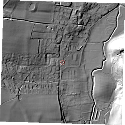 Shaded relief map of the ground around SG106AP, computed from Environment Agency LiDAR. The ground here sits at about 56 m above sea level and falls 30 m across the surrounding 800 m. Surface water reaching this point runs off ground lying to the west-north-west, 21.5 m higher.