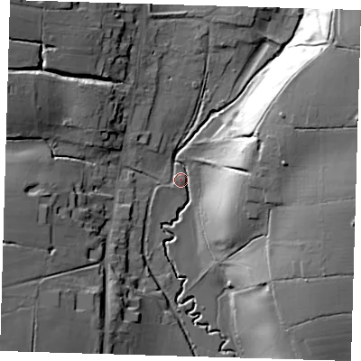 Shaded relief map of the ground around SG106DG, computed from Environment Agency LiDAR. The ground here sits at about 56 m above sea level and falls 28 m across the surrounding 800 m. Surface water reaching this point runs off ground lying to the north-east, 26.7 m higher.
