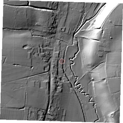 Shaded relief map of the ground around SG106DQ, computed from Environment Agency LiDAR. The ground here sits at about 56 m above sea level and falls 26 m across the surrounding 800 m. Surface water reaching this point runs off ground lying to the west, 21.2 m higher.