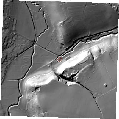 Shaded relief map of the ground around SG106DS, computed from Environment Agency LiDAR. The ground here sits at about 53 m above sea level and falls 37 m across the surrounding 800 m. Surface water reaching this point runs off ground lying to the south-east, 34.8 m higher.