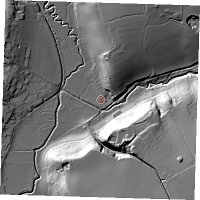 Shaded relief map of the ground around SG106EJ, computed from Environment Agency LiDAR. The ground here sits at about 53 m above sea level and falls 37 m across the surrounding 800 m. Surface water reaching this point runs off ground lying to the east-south-east, 1.0 m higher.