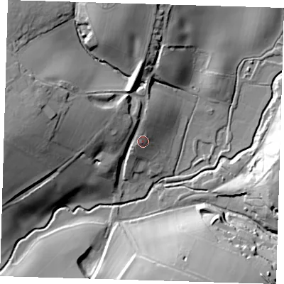 Shaded relief map of the ground around SG106EY, computed from Environment Agency LiDAR. The ground here sits at about 57 m above sea level and falls 32 m across the surrounding 800 m. Surface water reaching this point runs off ground lying to the north, 2.5 m higher.