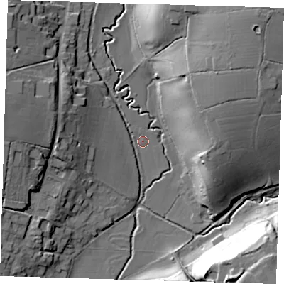 Shaded relief map of the ground around SG106HS, computed from Environment Agency LiDAR. The ground here sits at about 53 m above sea level and falls 30 m across the surrounding 800 m. Surface water reaching this point runs off ground lying to the west-north-west, 19.1 m higher.