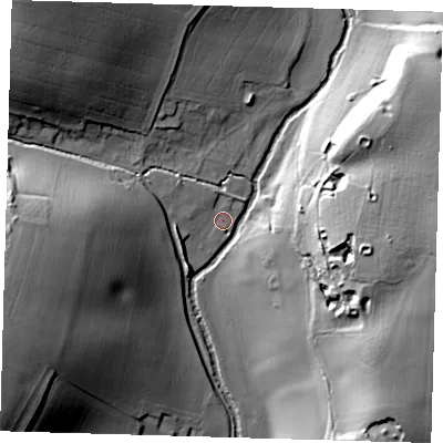 Shaded relief map of the ground around SG111AL, computed from Environment Agency LiDAR. The ground here sits at about 57 m above sea level and falls 31 m across the surrounding 800 m. Surface water reaching this point runs off ground lying to the west, 24.3 m higher.