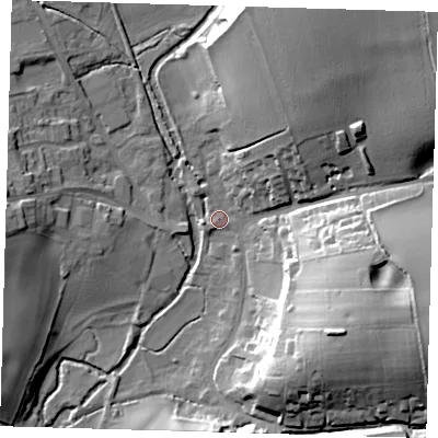 Shaded relief map of the ground around SG111AQ, computed from Environment Agency LiDAR. The ground here sits at about 64 m above sea level and falls 33 m across the surrounding 800 m. Surface water reaching this point runs off ground lying to the north-east, 31.1 m higher.