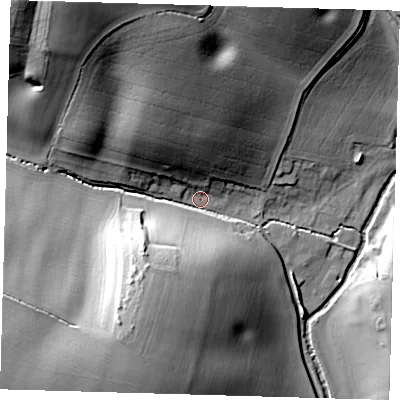 Shaded relief map of the ground around SG111BX, computed from Environment Agency LiDAR. The ground here sits at about 61 m above sea level and falls 43 m across the surrounding 800 m. Surface water reaching this point runs off ground lying to the north-north-west, 38.5 m higher.