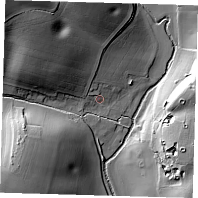 Shaded relief map of the ground around SG111DA, computed from Environment Agency LiDAR. The ground here sits at about 60 m above sea level and falls 42 m across the surrounding 800 m. Surface water reaching this point runs off ground lying to the north-north-west, 6.0 m higher.