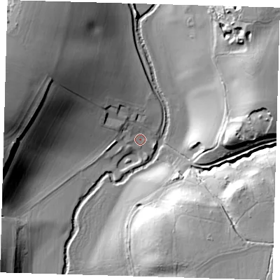 Shaded relief map of the ground around SG111DB, computed from Environment Agency LiDAR. The ground here sits at about 57 m above sea level and falls 34 m across the surrounding 800 m. Surface water reaching this point runs off ground lying to the north-west, 3.8 m higher.