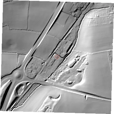 Shaded relief map of the ground around SG111EB, computed from Environment Agency LiDAR. The ground here sits at about 79 m above sea level and falls 33 m across the surrounding 800 m. Surface water reaching this point runs off ground lying to the north-west, 9.5 m higher.