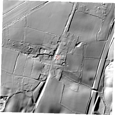 Shaded relief map of the ground around SG111EH, computed from Environment Agency LiDAR. The ground here sits at about 107 m above sea level and falls 35 m across the surrounding 800 m. Surface water reaching this point runs off ground lying to the north-north-east, 5.0 m higher.