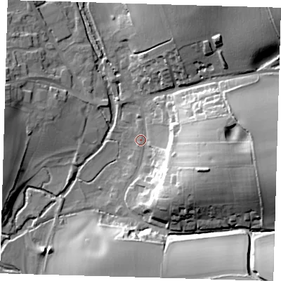 Shaded relief map of the ground around SG111LA, computed from Environment Agency LiDAR. The ground here sits at about 65 m above sea level and falls 33 m across the surrounding 800 m. Surface water reaching this point runs off ground lying to the east-south-east, 26.6 m higher.