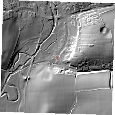 Shaded relief map of the ground around SG111LB, computed from Environment Agency LiDAR. The ground here sits at about 65 m above sea level and falls 33 m across the surrounding 800 m. Surface water reaching this point runs off ground lying to the east, 19.2 m higher.