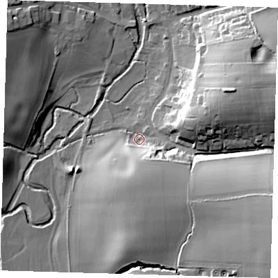 Shaded relief map of the ground around SG111LD, computed from Environment Agency LiDAR. The ground here sits at about 65 m above sea level and falls 31 m across the surrounding 800 m. Surface water reaching this point runs off ground lying to the east-north-east, 27.6 m higher.