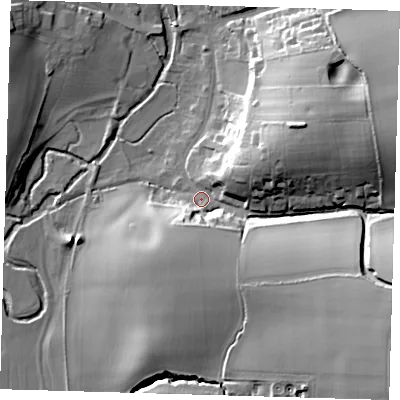 Shaded relief map of the ground around SG111LE, computed from Environment Agency LiDAR. The ground here sits at about 67 m above sea level and falls 35 m across the surrounding 800 m. Surface water reaching this point runs off ground lying to the east-south-east, 28.4 m higher.