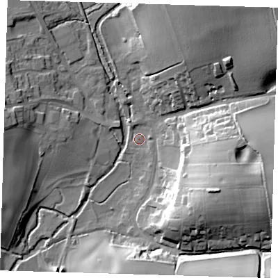 Shaded relief map of the ground around SG111LL, computed from Environment Agency LiDAR. The ground here sits at about 64 m above sea level and falls 32 m across the surrounding 800 m. Surface water reaching this point runs off ground lying to the east-south-east, 28.9 m higher.