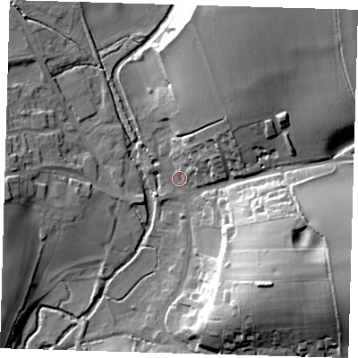 Shaded relief map of the ground around SG111LP, computed from Environment Agency LiDAR. The ground here sits at about 64 m above sea level and falls 33 m across the surrounding 800 m. Surface water reaching this point runs off ground lying to the north-east, 31.2 m higher.