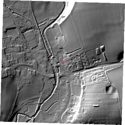 Shaded relief map of the ground around SG111LR, computed from Environment Agency LiDAR. The ground here sits at about 64 m above sea level and falls 33 m across the surrounding 800 m. Surface water reaching this point runs off ground lying to the north-east, 29.0 m higher.