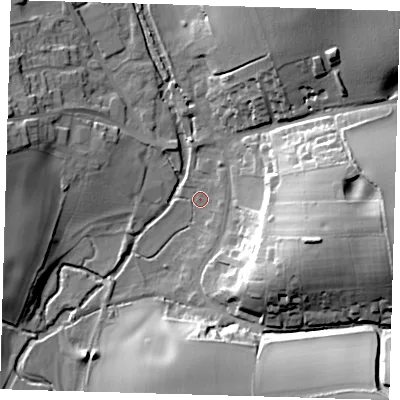 Shaded relief map of the ground around SG111LW, computed from Environment Agency LiDAR. The ground here sits at about 63 m above sea level and falls 32 m across the surrounding 800 m. Surface water reaching this point runs off ground lying to the east-south-east, 23.7 m higher.