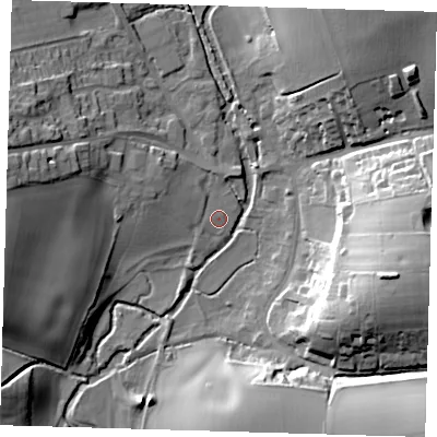 Shaded relief map of the ground around SG111PH, computed from Environment Agency LiDAR. The ground here sits at about 63 m above sea level and falls 30 m across the surrounding 800 m. Surface water reaching this point runs off ground lying to the west-north-west, 0.7 m higher.