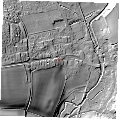 Shaded relief map of the ground around SG111PJ, computed from Environment Agency LiDAR. The ground here sits at about 70 m above sea level and falls 31 m across the surrounding 800 m. Surface water reaching this point runs off ground lying to the west, 20.9 m higher.