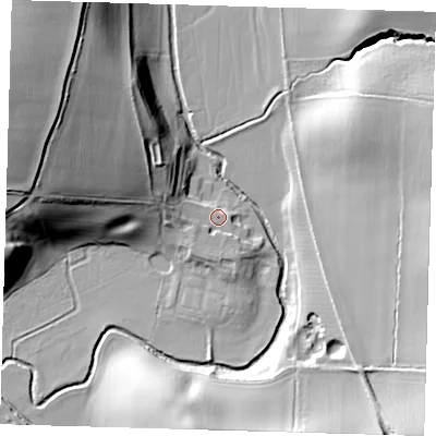 Shaded relief map of the ground around SG111PR, computed from Environment Agency LiDAR. The ground here sits at about 63 m above sea level and falls 34 m across the surrounding 800 m. Surface water reaching this point runs off ground lying to the south, 3.1 m higher.
