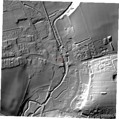 Shaded relief map of the ground around SG111PT, computed from Environment Agency LiDAR. The ground here sits at about 64 m above sea level and falls 32 m across the surrounding 800 m. Surface water reaching this point runs off ground lying to the west, 15.6 m higher.