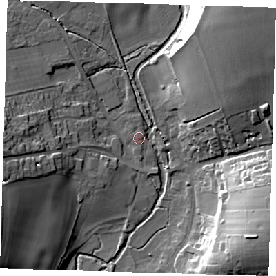 Shaded relief map of the ground around SG111QJ, computed from Environment Agency LiDAR. The ground here sits at about 64 m above sea level and falls 33 m across the surrounding 800 m. Surface water reaching this point runs off ground lying to the west-south-west, 16.9 m higher.