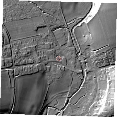 Shaded relief map of the ground around SG111QR, computed from Environment Agency LiDAR. The ground here sits at about 65 m above sea level and falls 31 m across the surrounding 800 m. Surface water reaching this point runs off ground lying to the west-south-west, 23.2 m higher.