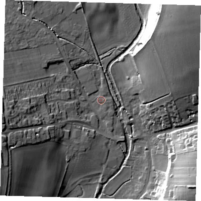 Shaded relief map of the ground around SG111QS, computed from Environment Agency LiDAR. The ground here sits at about 64 m above sea level and falls 32 m across the surrounding 800 m. Surface water reaching this point runs off ground lying to the west-south-west, 20.3 m higher.