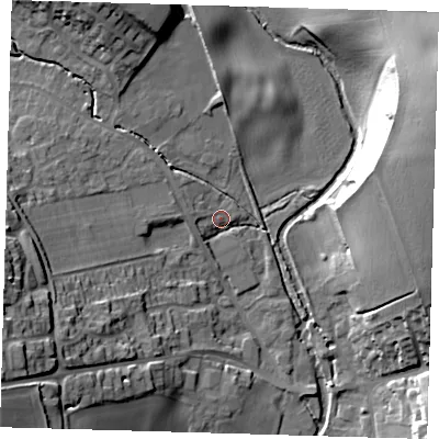 Shaded relief map of the ground around SG111QT, computed from Environment Agency LiDAR. The ground here sits at about 66 m above sea level and falls 30 m across the surrounding 800 m. Surface water reaching this point runs off ground lying to the west, 3.5 m higher.