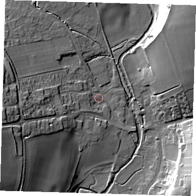Shaded relief map of the ground around SG111QW, computed from Environment Agency LiDAR. The ground here sits at about 64 m above sea level and falls 32 m across the surrounding 800 m. Surface water reaching this point runs off ground lying to the west-south-west, 23.0 m higher.