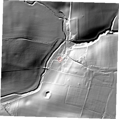 Shaded relief map of the ground around SG111QX, computed from Environment Agency LiDAR. The ground here sits at about 60 m above sea level and falls 30 m across the surrounding 800 m. Surface water reaching this point runs off ground lying to the east-south-east, 17.8 m higher.