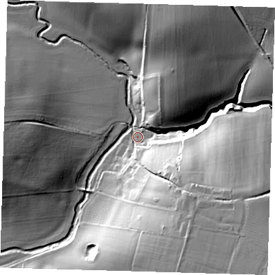 Shaded relief map of the ground around SG111QZ, computed from Environment Agency LiDAR. The ground here sits at about 59 m above sea level and falls 30 m across the surrounding 800 m. Surface water reaching this point runs off ground lying to the south-east, 28.4 m higher.