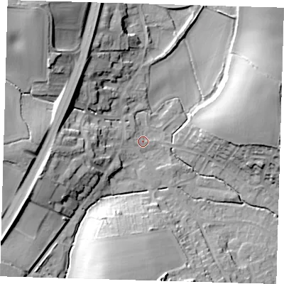 Shaded relief map of the ground around SG111RL, computed from Environment Agency LiDAR. The ground here sits at about 69 m above sea level and falls 27 m across the surrounding 800 m. Surface water reaching this point runs off ground lying to the west, 9.9 m higher.
